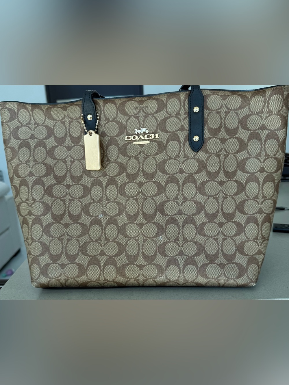 Coach Brown Signature Tote with Black Trim and Gold Hardware